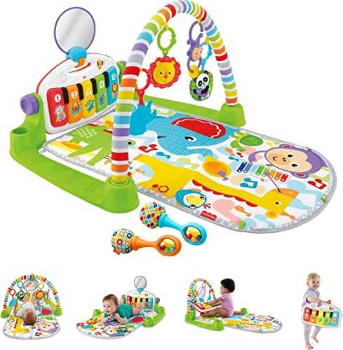 Fisher-Price Baby Playmat Deluxe Kick & Play Piano Gym & Maracas with Smart Stages Learning Content, 5 Linkable Toys & 2 Soft Rattles