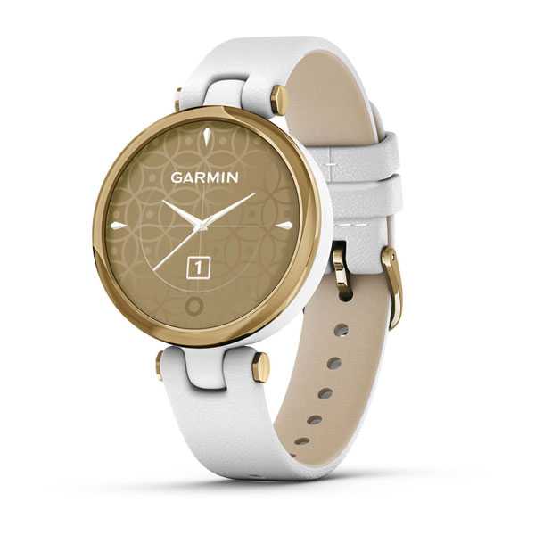 Garmin Lily, Small Women's GPS Smartwatch with Touchscreen, Light Gold with White Leather Band