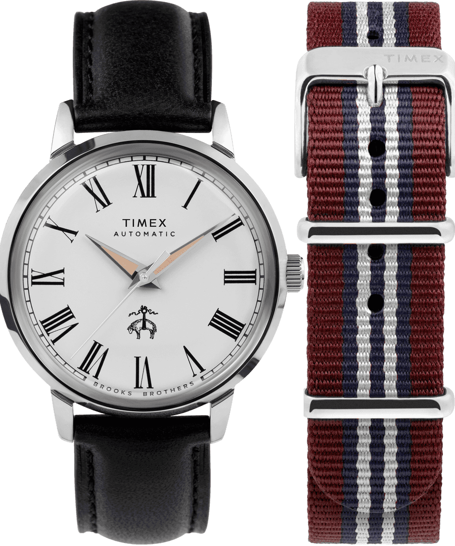 Timex x Brooks Brothers Marlin Automatic 38mm Leather Strap and Fabric Strap Set