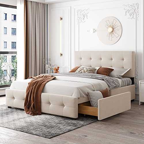 Lifeand Queen Size Upholstered Platform Bed with Classic Headboard and 4 Drawers, No Box Spring Needed, Linen Fabric,Beige