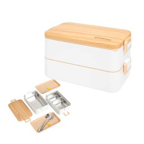 gimmiebox premium stainless steel bento box lunch box with compartments for adults, spoon and fork, leak-proof, easy side locks (White)