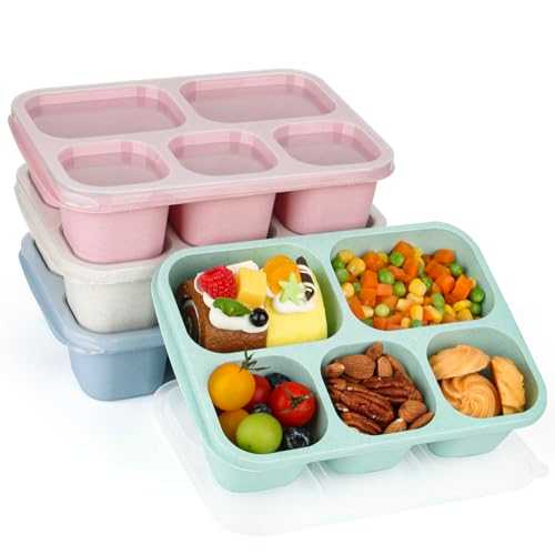 Lunbxx Bento Lunch Boxes - Reusable 5-Compartment Food Lunchables Containers, Snack Boxes For Adults Container for School, Work, and Travel, Set of 4 (Wheat)