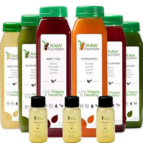Raw Fountain 1 Day Juice Cleanse, All Natural Detox Cleanse, Cold Presssed Fruit and Vegetable Juice, Liquid Juice Diet, Tasty and Energizing, 6 Bottles 12oz, 3 Ginger Shots