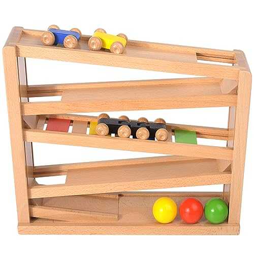 Wooden Car Ramp Racer - Toddlers Race Track Toy Ball Track with 3 Wooden Cars and 2 Balls for 1 2 3 Year Old Boy and Girl Gifts