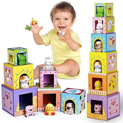 ShyLizard Toddler Farm Animal Sorting and Stacking Toys, Nesting Boxes and Blocks With Finger Puppets - Gifts for 1-3 Year Olds
