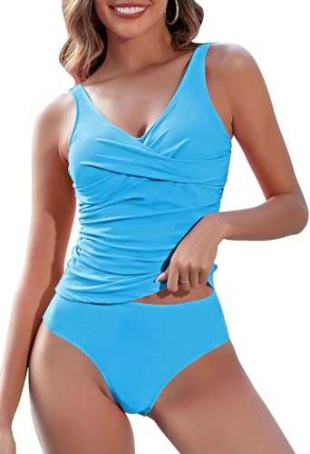 Pink Queen Two Piece Tankini Bathing Suit for Women's Ruched Tummy Control Wrap Swimsuit Sets with Bikini Bottom Sky Blue M