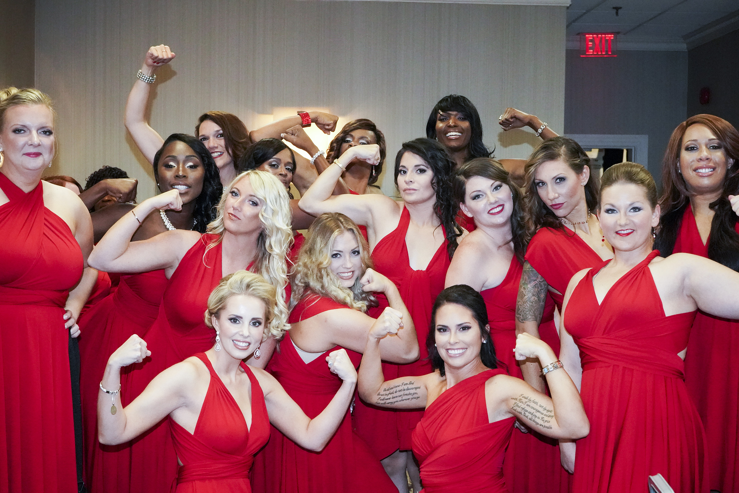 2017. Washington DC.  USA. Contestants flex before the 2017 Ms. Veteran America pageant in Washington DC.  Ms. Veteran America is a pageant for active duty and retired female members of the armed forces.  Part beauty pageant, part talent competition, part test of strength and commitment, the event raises funds for Final Salute, an organization providing housing and support for homeless women veterans and their children.  Some of the participants danced and some sang, but many gave testimonials of sexual assault, PTSD and homelessness. Lindsay Gutierrez won the 2017 competition.  The keynote speaker was the original "Daisy Duke", Catherine Bach.