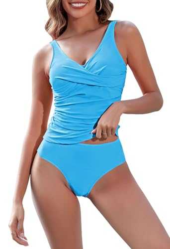 Pink Queen Two Piece Tankini Bathing Suit for Women's Ruched Tummy Control Wrap Swimsuit Sets with Bikini Bottom Sky Blue M