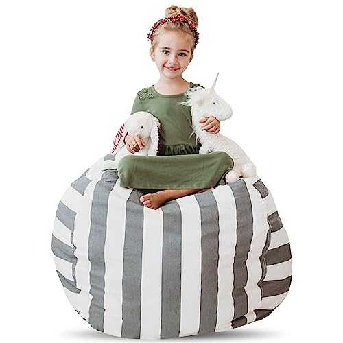 Creative QT Stuff ’n Sit Large 33’’ Bean Bag Storage Cover for Stuffed Animals & Toys – Gray & White Stripe – Toddler & Kids’ Rooms Organizer – Beanbag Makes Great Plush Toy Hammock Alternative