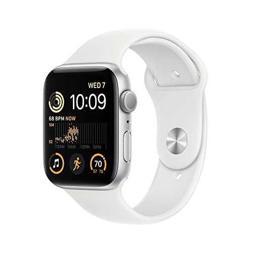 Apple Watch SE (2nd Gen) [GPS 44mm] Smart Watch w/Silver Aluminum Case & White Sport Band - M/L. Fitness & Sleep Tracker, Crash Detection, Heart Rate Monitor, Retina Display, Water Resistant