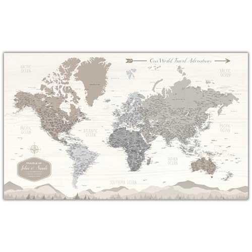 Holy Cow Canvas Personalized Farmhouse Push Pin World Map on Canvas, 3 Sizes, Includes Pins to Mark Travels, World Map Pin Board, Best Gifts for People Who Travel Gift for Travel Lovers