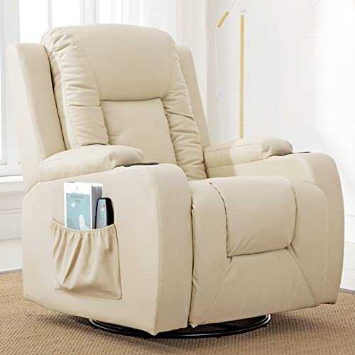 COMHOMA Recliner Chair Massage Rocker with Heated PU Leather Ergonomic Lounge 360 Degree Swivel Sofa Seat with Drink Holders Living Room Chair Cream