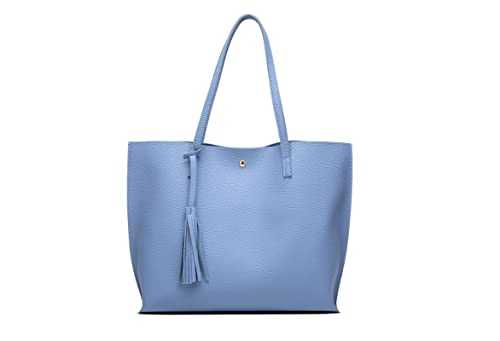 Dreubea Women's Soft Faux Leather Tote Shoulder Bag from, Big Capacity Tassel Handbag Blue