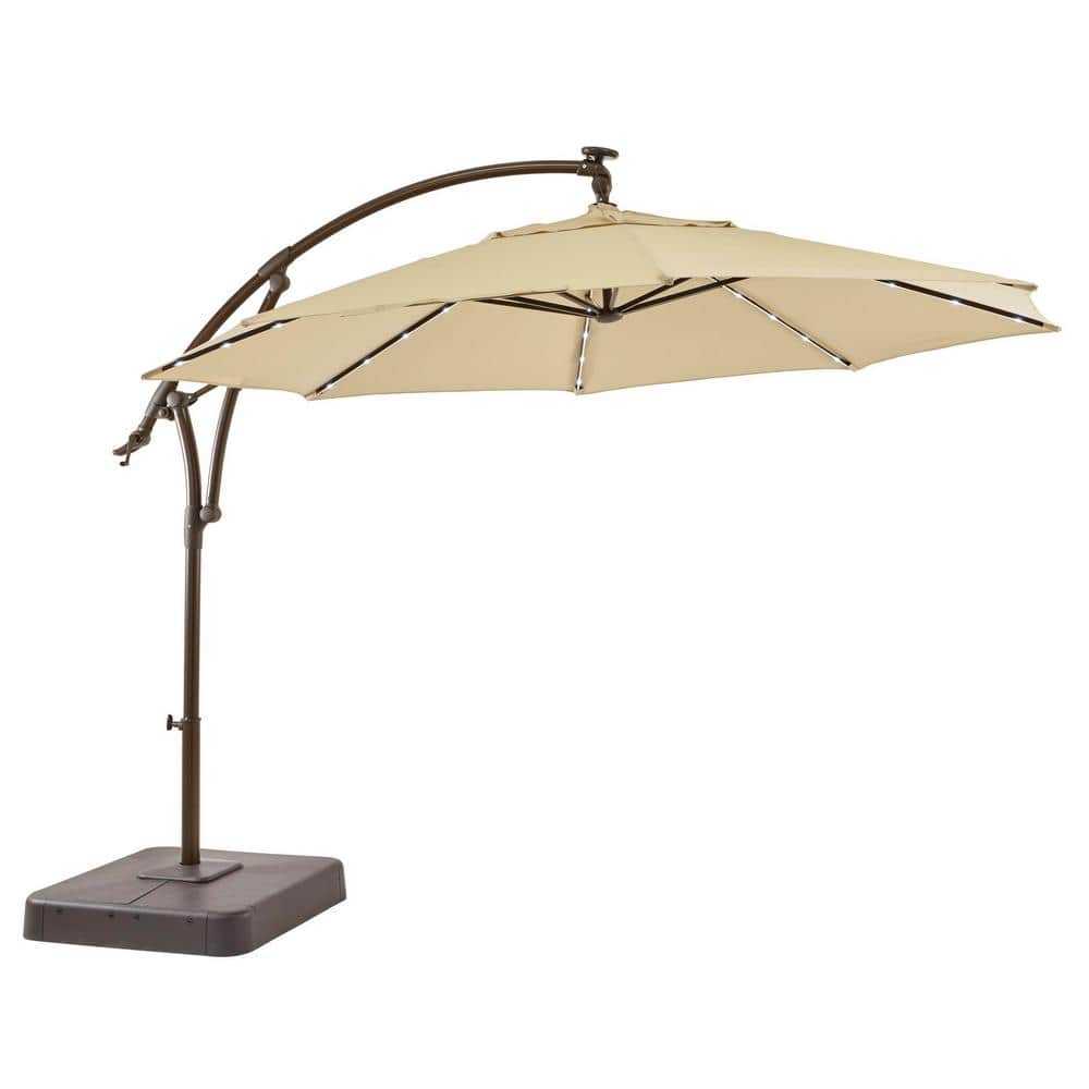11 ft. Cantilever Aluminum and Steel Solar LED Offset Outdoor Patio Umbrella in Putty Beige