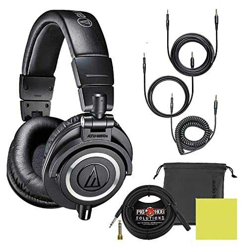 Audio Technica ATH-M50X Professional Studio Monitor Headphones Black Bundle w/Pig hog 25’ Extension Cable & Liquid Polishing Cloth with Detachable Cable
