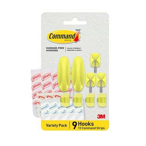 Command Mixed Hooks Pack, 9 Citron Hooks, 13 strips (2 medium designer hooks, 4 medium indoor strips; 3 small wire hooks, 4 small indoor strips; 4 clear round cord clips, 5 small clear strips)