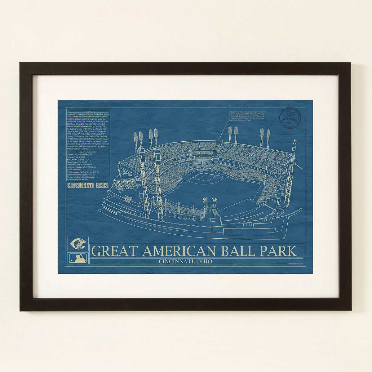 Large MLB Stadium Blueprints - Cincinnati Reds, Great American Ballpark, Framed