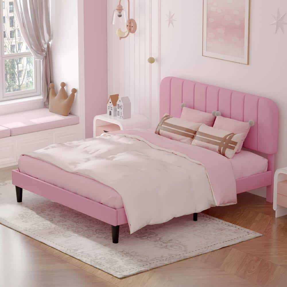 Upholstered Bed Frame, Full Platform Bed Frame with Adjustable Headboard, Strong Wooden Slats Support, Pink