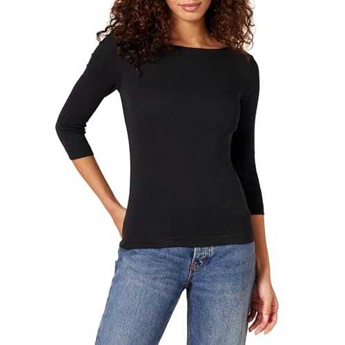 Amazon Essentials Women's Slim-Fit 3/4 Sleeve Solid Boat Neck T-Shirt, Black, X-Small