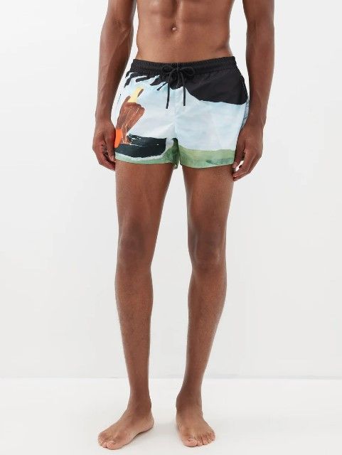 Commas Surfer-Artwork Print Swim Shorts