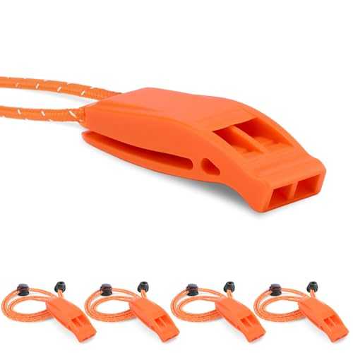 4 Pack Emergency Whistles, Loud Shrill Safety Whistle with Reflective Lanyard for Outdoor Climbing Hiking Camping Fishing Boat Kayak Life Vest Jacket Boating Water Survival Rescue Signaling (Orange)