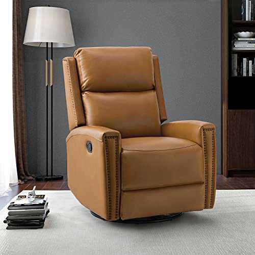 HULALA HOME Genuine Leather Swivel Rocker Recliner, Manual Glider Recliner Chair with Adjustable Backrest & Footrest, Modern Home Theater Lounge Sofa Armchair for Living Room Bedroom, Camel