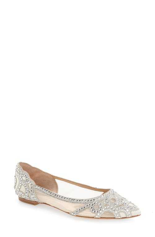 Badgley Mischka Collection Gigi Crystal Pointed Toe Flat in Ivory Satin at Nordstrom, Size 5