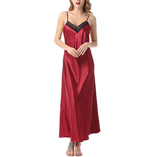 Lu's Chic Women's Satin Nightgown Long Silk Lingerie Chemise Lace Camisole V Neck Loungewear Red Small