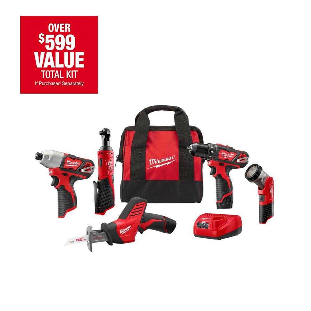 Milwaukee M12 12V Lithium-Ion Cordless Combo Kit (5-Tool) with Two 1.5 Ah Batteries, Charger and Tool Bag