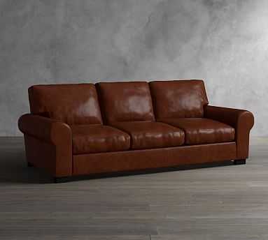 Turner Roll Arm Leather Sofa 2-Seater 91", Down Blend Wrapped Cushions, Statesville Molasses