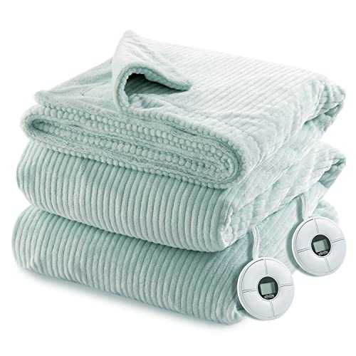 berkshire Blanket Corduroy Stripe Electric Heated Blanket | Dobby Textured Instant Warmth Electric Blanket | Spa Blue | King (90" x 100")