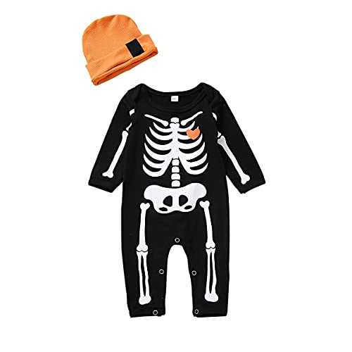 Guodeunh Newborn Baby Boy Girl Halloween Costume Romper Skeleton Jumpsuit Outfit Skull Clothes with Hat (Skull- B, 3-6 Months)