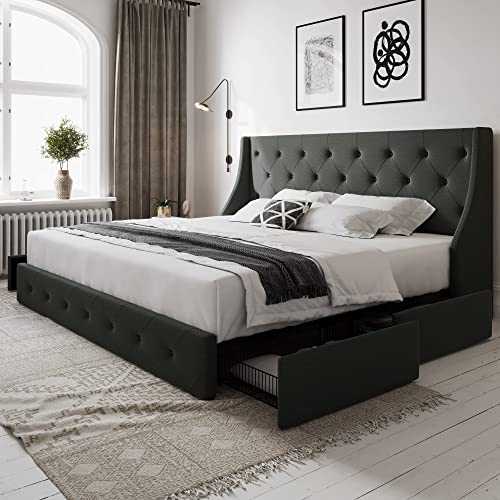 Allewie Queen Bed Frame with 4 Storage Drawers and Wingback Headboard, Button Tufted Design, No Box Spring Needed, Dark Grey