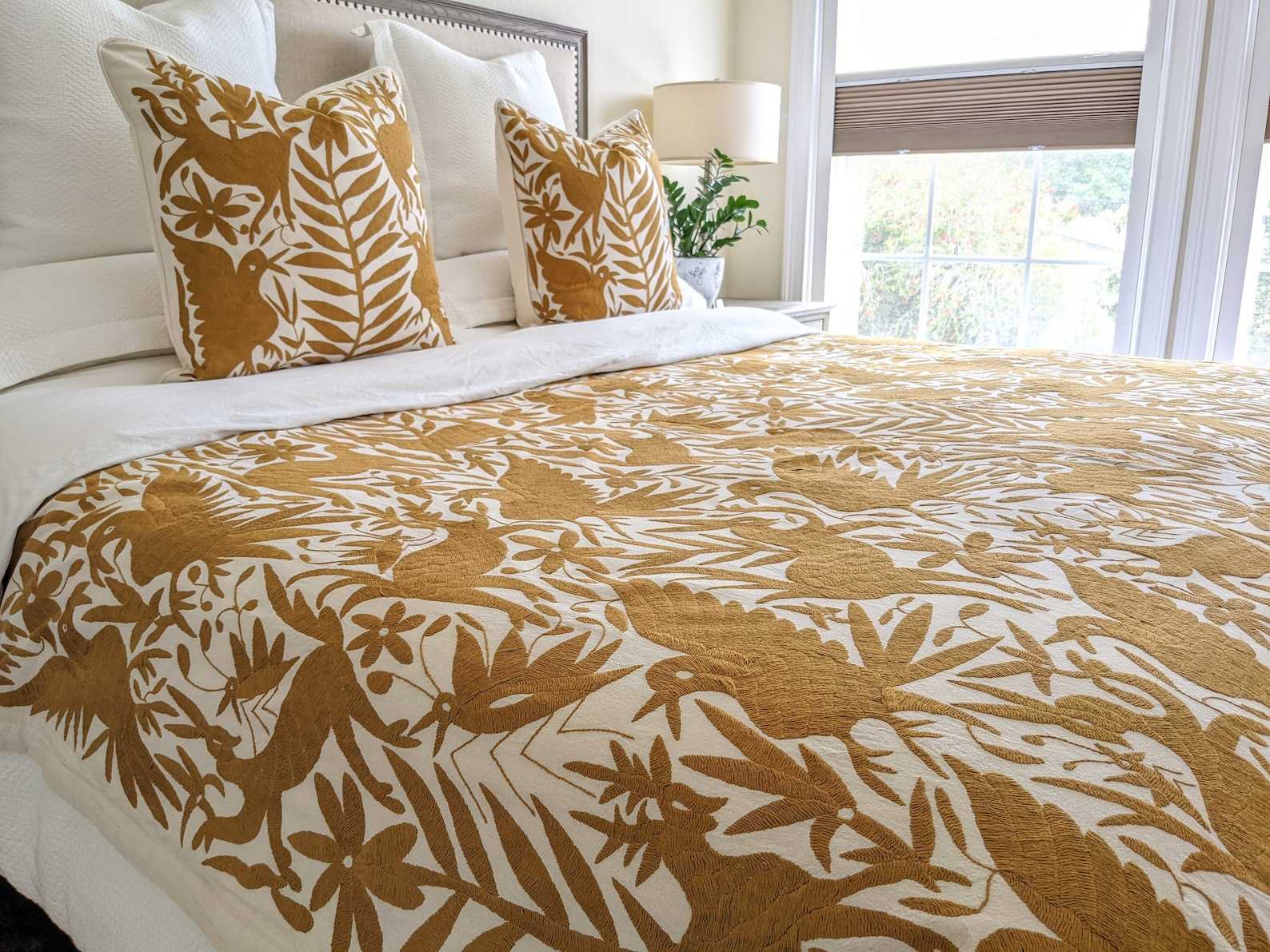 NNDØ HÜNI (Etsy) Made-To-Order Otomi Hand Embroidered Quilt In Amber Ocher Gold
