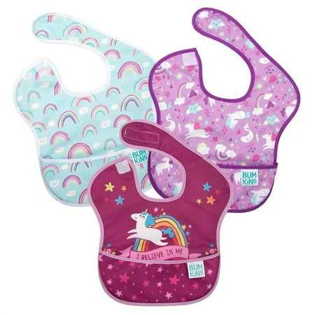 Bumkins Baby Bibs, SuperBib 3-Pack, Baby & Toddler Ages 6-24 Mos (Rainbows & Unicorns)