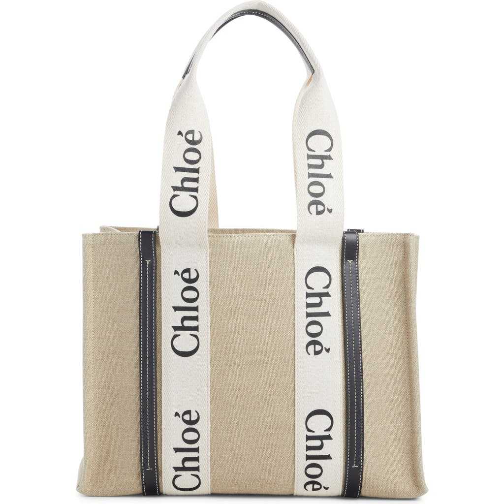 Chloé Large Woody Linen Tote in White - Blue 1 at Nordstrom