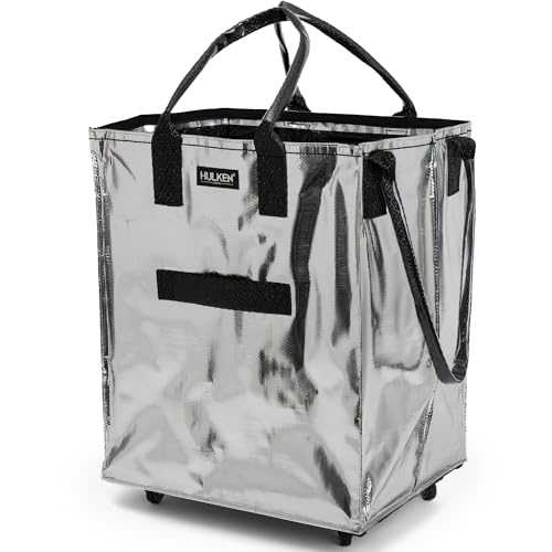 HULKEN - (Medium, Silver) Reusable Grocery Bag On Wheels, Shopping Trolley, Rolling Tote, Zipper Closure, Lightweight, Carries Up to 66 lb, Folds Flat, Unbreakable Handles