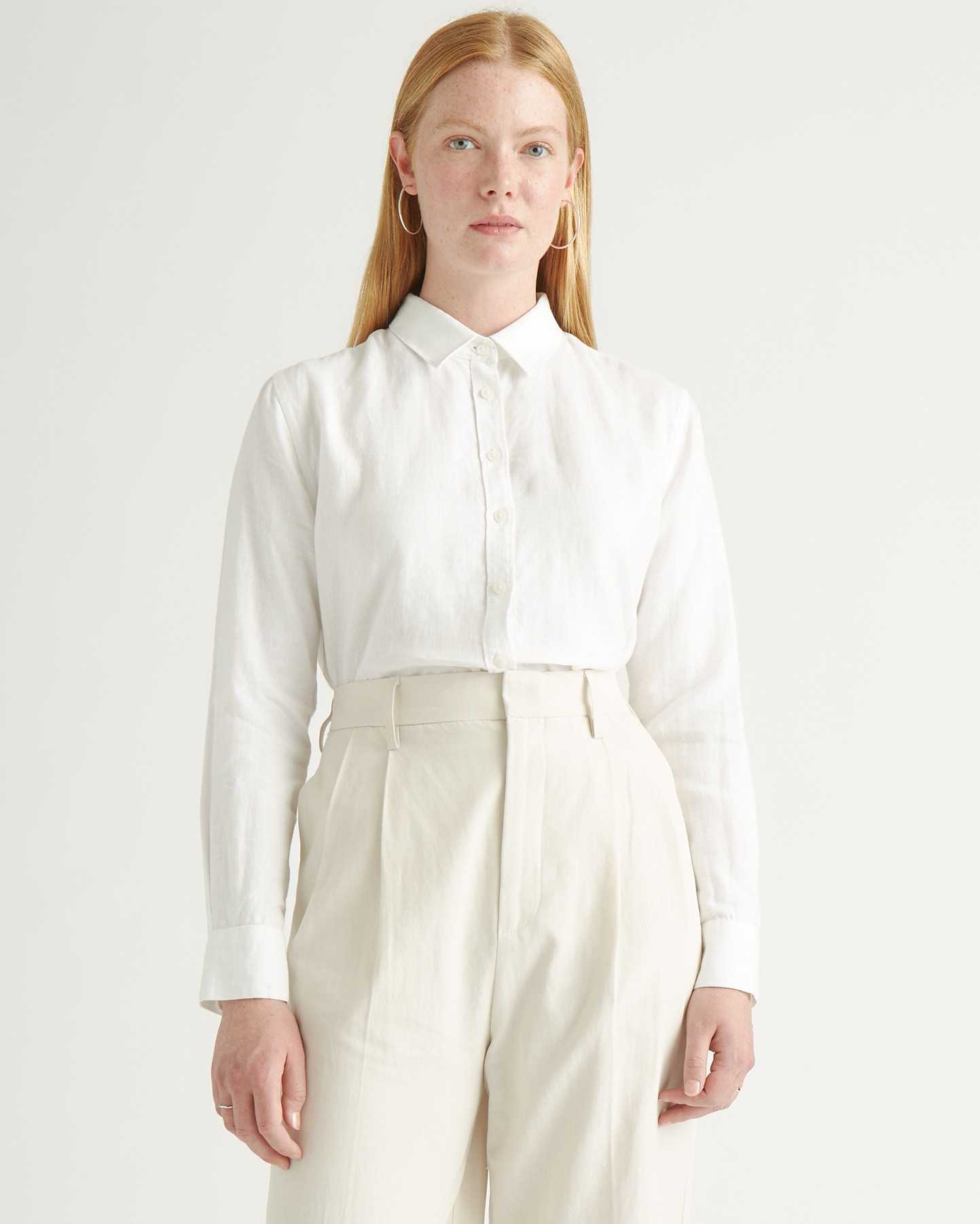 Quince White European Linen Long Sleeve Shirt sz L Women's Button Front  Blouse