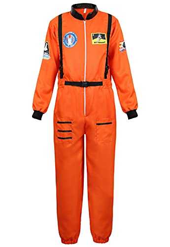 Haorugut Astronaut Spaceman Costume for Mens Space Explorer Jumpsuit Flight Suit Adults Astronaut Cosplay Costumes Orange S