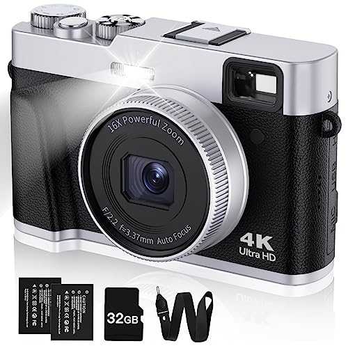 Upgraded 4K Digital Camera with Viewfinder Flash & Dial, 48MP Digital Camera for Photography and Video Autofocus Anti-Shake, Travel Portable Camera with SD Card 2 Batteries, 16X Zoom Vlogging Camera