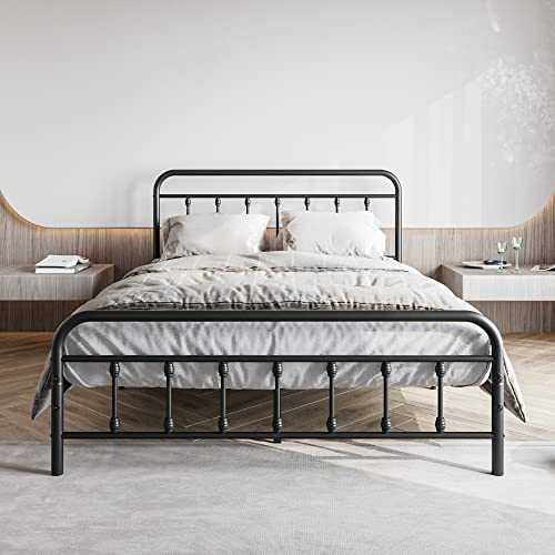 Elegant Home Products Vintage Queen Size Bed Frame with Headboard and Footboard Mattress Heavy Duty Metal Platform, Steel Slat Support (Queen, Black Sanded)