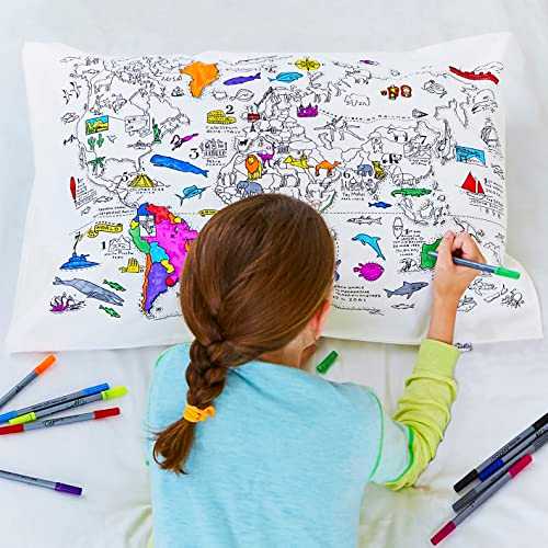 Doodle World Map Pillowcase, Color Your Own Pillow Case, Coloring Pillowcase with 10 Washable Fabric Markers