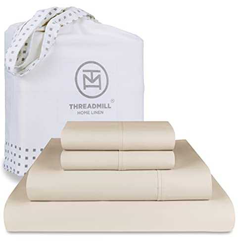 Threadmill Egyptian Cotton Queen Sheet Set | 100% Certified Egyptian Cotton Bed Sheets for Queen Size Bed | Queen Bed Sheets Set with Snug Fit 16" Deep Pocket | Soft Cooling Sateen Bedding Set | Beige