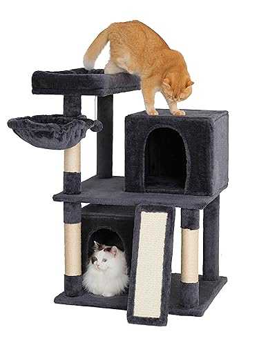 Ouritsu Cat Tree, Large Base Medium-Height Cat Tower, Two Extra Large Cat Condo with Widened Top Perch for Large Cats Indoor, Kitten, Scratching Posts, Ramp and Fluffy Basket, Dark Gray, MF001DG