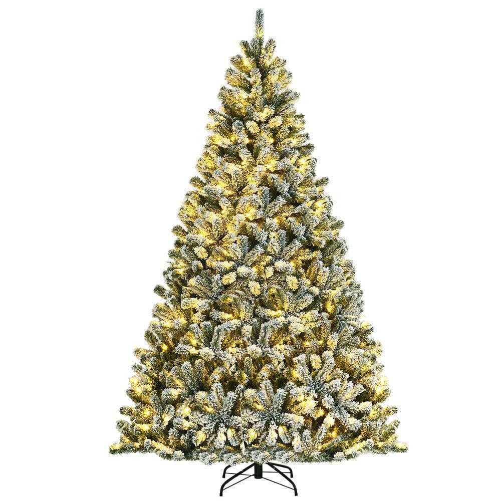 Costway 8 ft. Pre-lit Snow Flocked Hinged Artificial Christmas Tree with 1502 Tips and Metal Stand