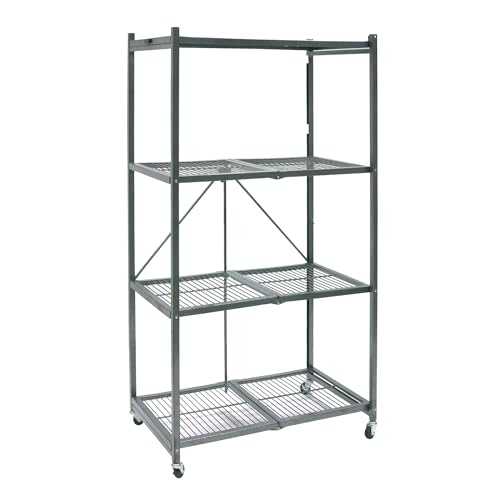 Origami 4 Tier Foldable Heavy Duty Metal Garage Storage Shelf Rack with Wheels and Powder Coated Steel for Organization in Home and Office, Gray