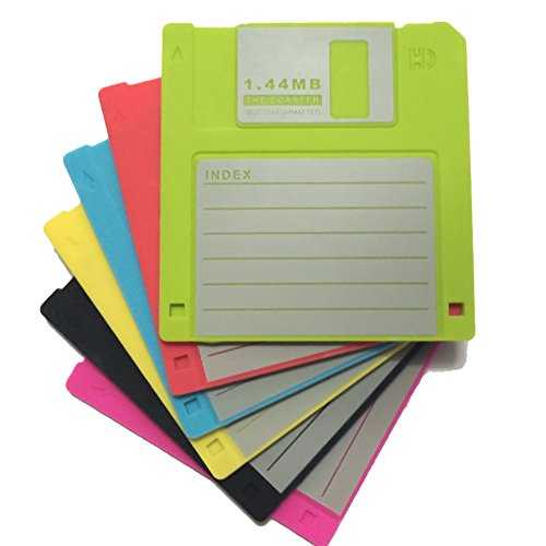 Moptrek one Drink Coasters Blanked label Retro 3.5 Inches Floppy Disk All-weather, 4.7 x 3.6", Set of 6 Black, Red, Yellow, Blue, Cherry, and Green