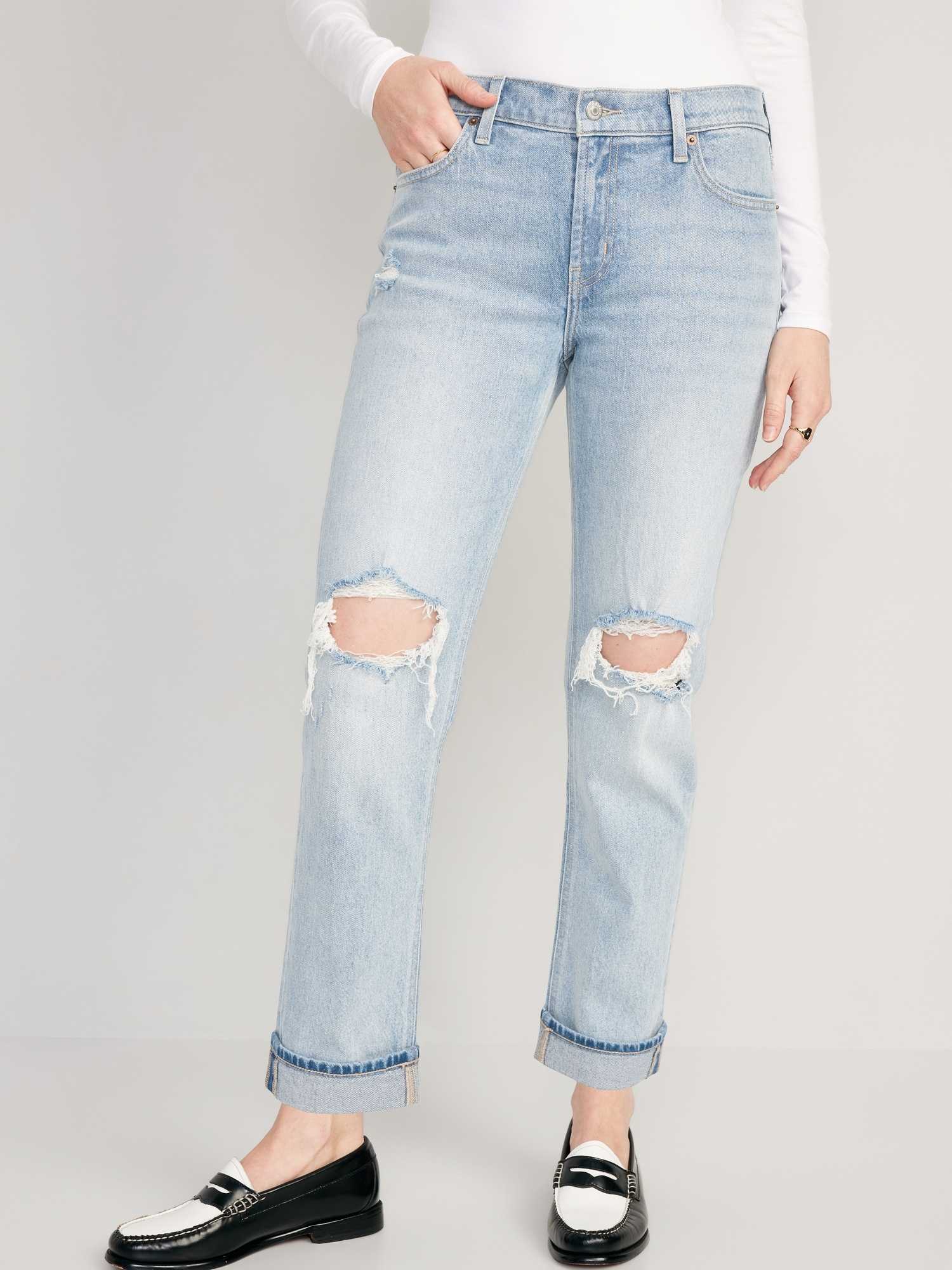 Mid-Rise Boyfriend Straight Roll Cuff Jeans for Women