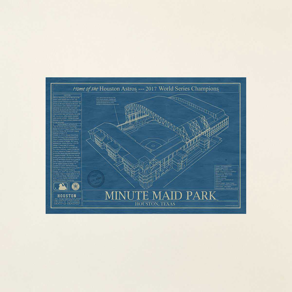 Large MLB Stadium Blueprints - Houston Astros, Minute Maid Park, Unframed