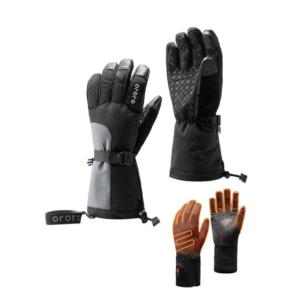 ORORO Unisex Large 3-in-1 Rechargeable Heated Gloves with Lithium-ion Battery and Charger (2-Pairs of Gloves), Black & Gray
